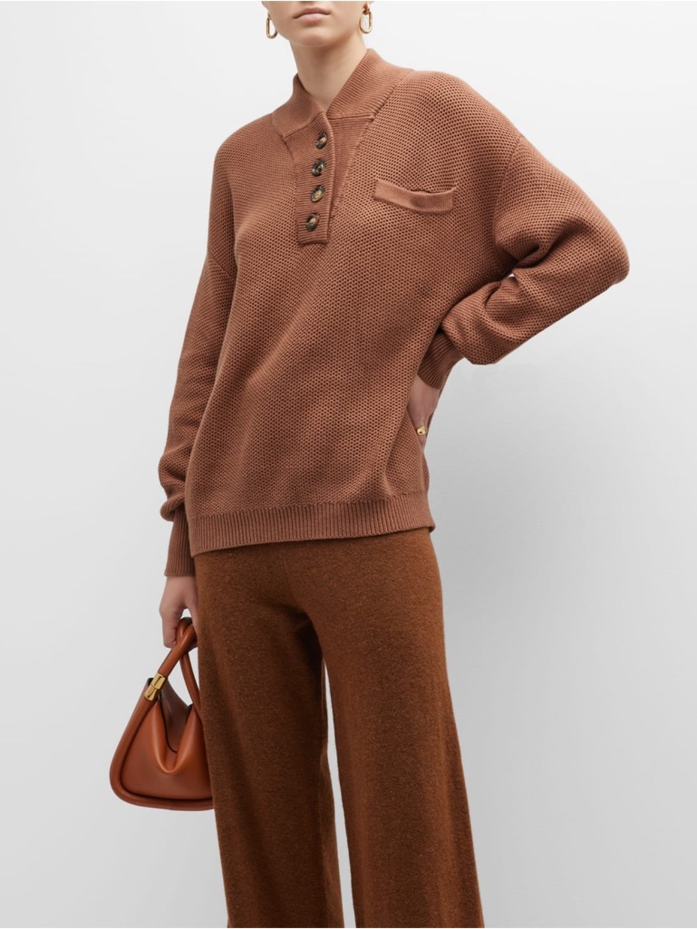 Lunya Cozy Cottonsilk Henley Pocket Pullover Sweater Humble Brown Size Medium